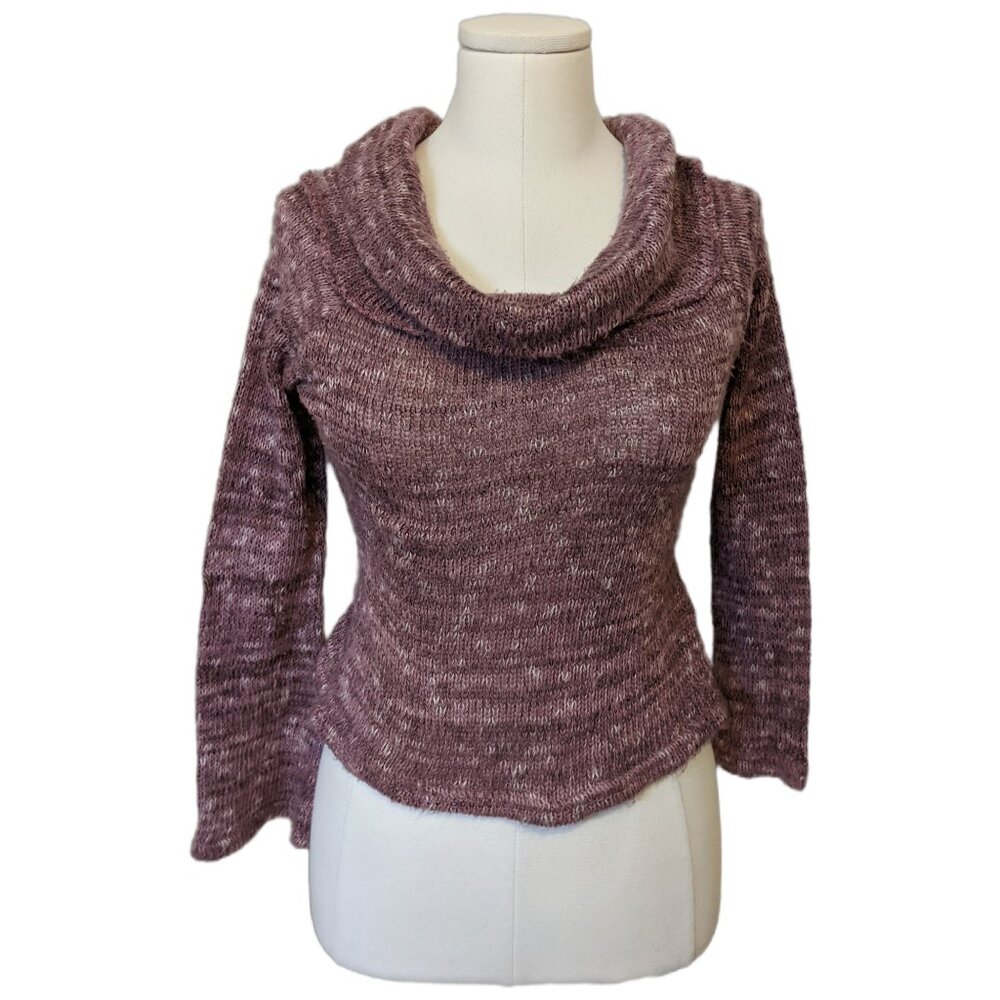 Vintage Y2K Fuzzy Knit Sweater Pink Pullover Preppy Cozy Sheer Cowl Neck S